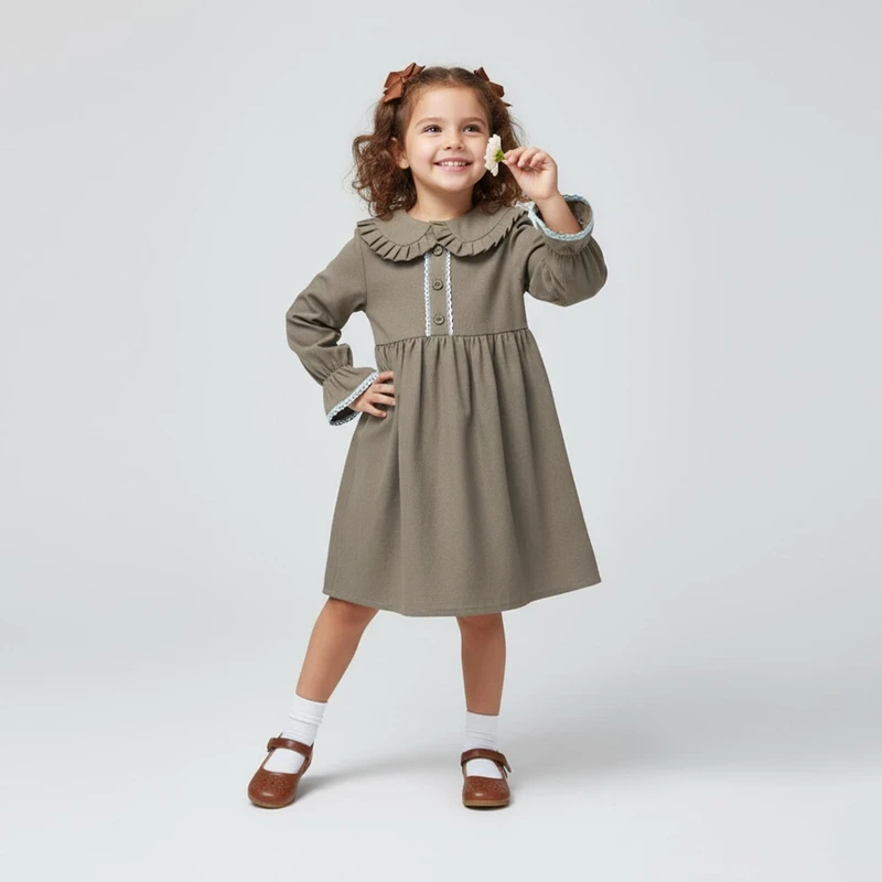 پیراهن آستین بلند یقه ب ب دخترانه مدل عروسکی رنگ قهوه‌ای