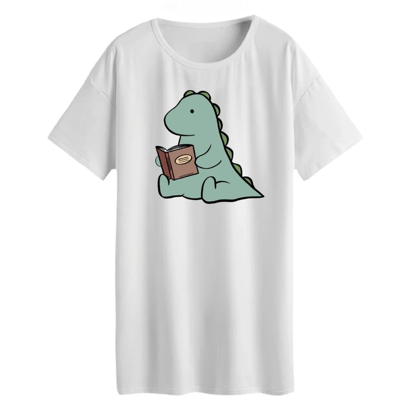 تی شرت لانگ آستین کوتاه زنانه مدل دایناسور و کتاب