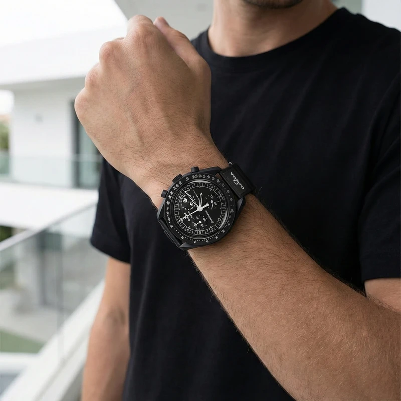 عکس شماره 10 : ساعت مچی عقربه-ای کوارتز امگا سواچ مدل mission to the moon phase new moon