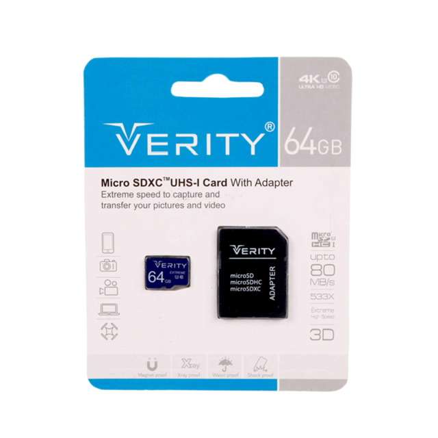 کارت حافظه micro SDXC وریتی مدل 4K کلاس 10 استاندارد UHS-I سرعت 80MBps ظرفیت 64 گیگابایت به همراه آداپتور SD کارت حافظه micro SDXC وریتی مدل 4K کلاس 10 استاندارد UHS-I سرعت 80MBps ظرفیت 64 گیگابایت به همراه آداپتور SD