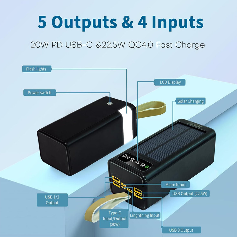 پاوربانک خورشیدی مدل 40000mah-22.5W کد Fast-Charge ظرفیت 40000 میلی آمپر ساعت