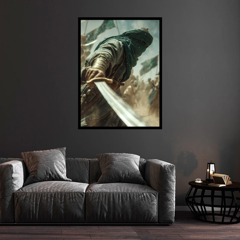 تابلو بکلیت طرح تصویر مذهبی کربلا حضرت ابوالفضل عباس و روز عاشورا مدل B-bu5614 فریم مشکی