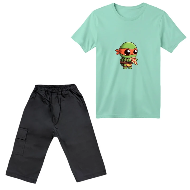 ست تی‌شرت آستین کوتاه و شلوارک پسرانه مدل لاک پشت نینجا کد 01