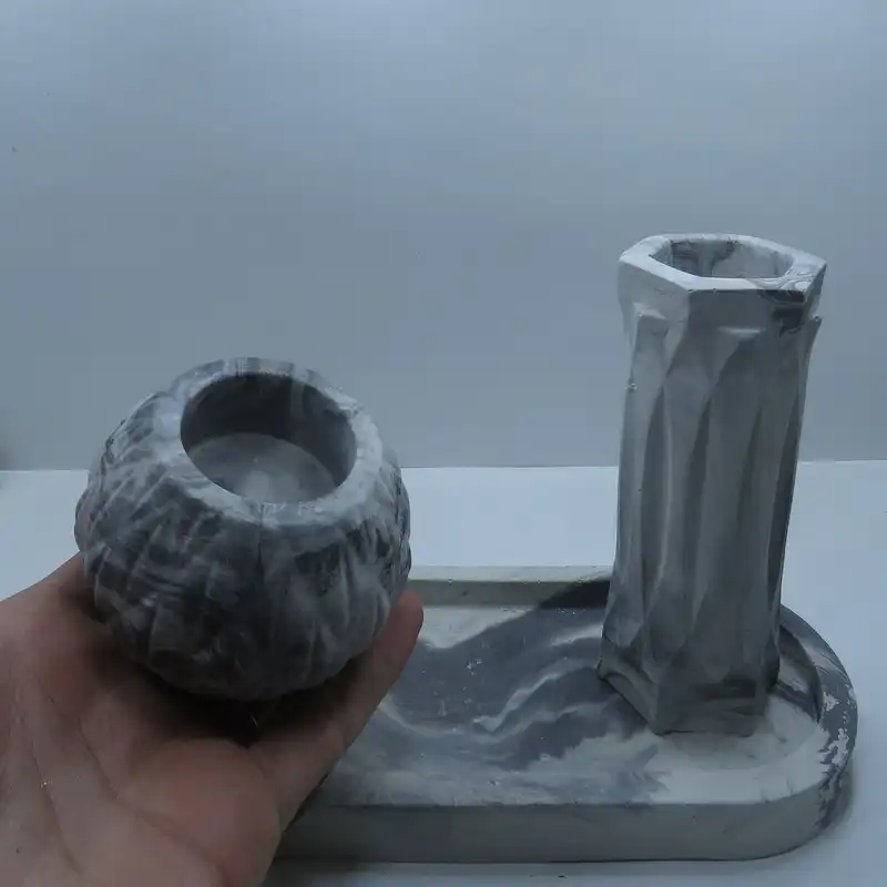 ست 4 تکه جاشمعی و جاعودی و گلدان طرح سنگی کد 1001