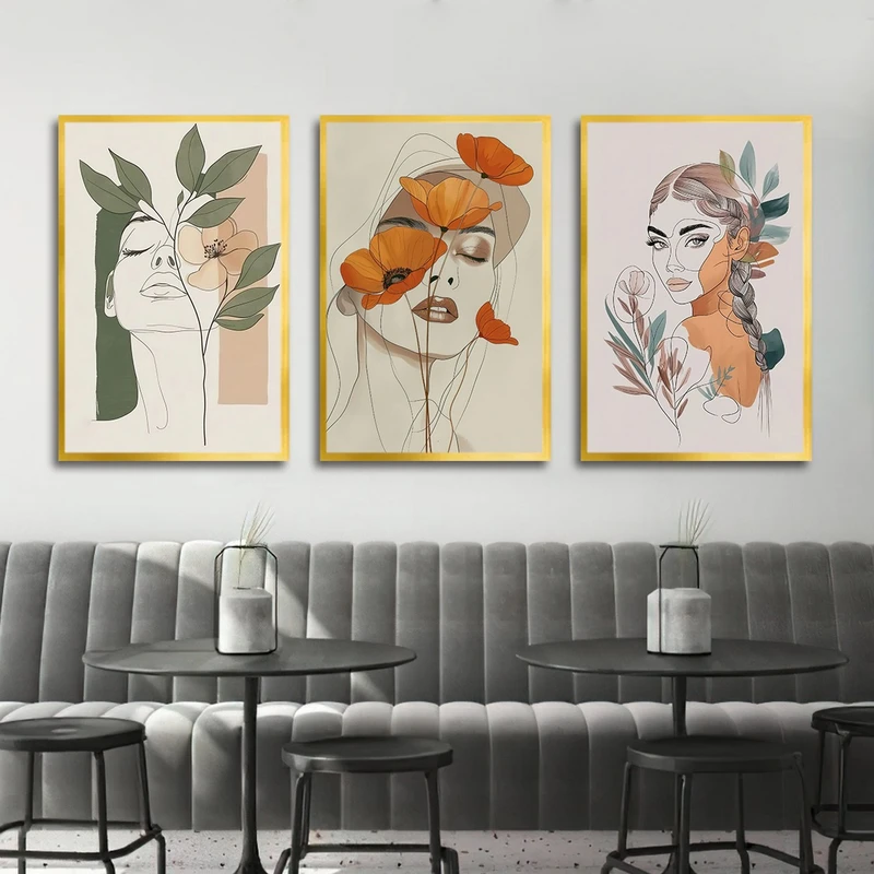 تابلو بکلیت طرح نقاشی مینیمال چهره مدل T-3076 مجموعه 3 عددی