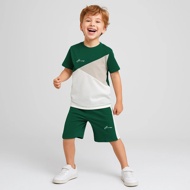 ست تی شرت و شلوارک پسرانه مادر مدل traingle رنگ سبز