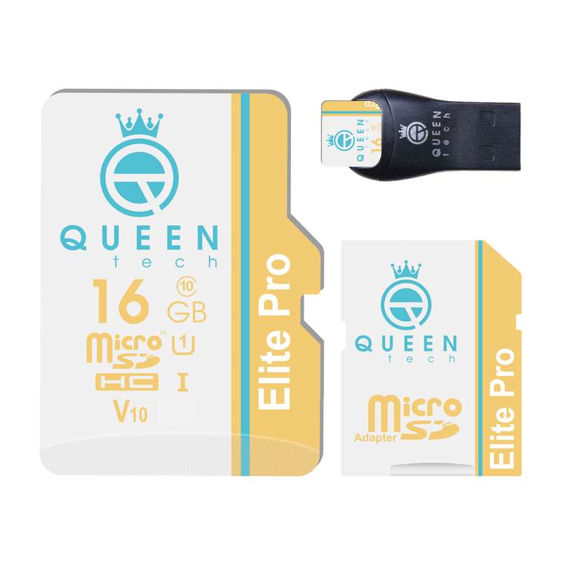 کارت حافظه Micro SD HC کوئین تک مدل Elite Pro V10 کلاس 10 استاندارد UHS-I U1 سرعت 85MBps ظرفیت 16 گیگابایت به همراه آداپتور SD و کارت خوان