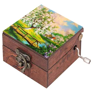 جعبه موزیکال مدل هندلی طرح نقاشی رنگ روغن چشم انداز بهاری رودخانه پل و جنگل کد 1040