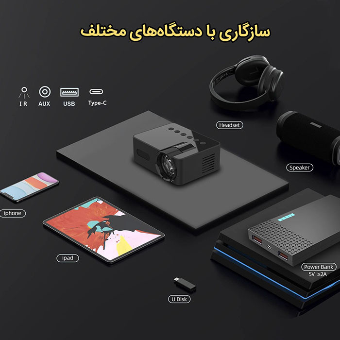 مینی ویدئو پروژکتور مدل T100 با وضوح تصویر 320x180