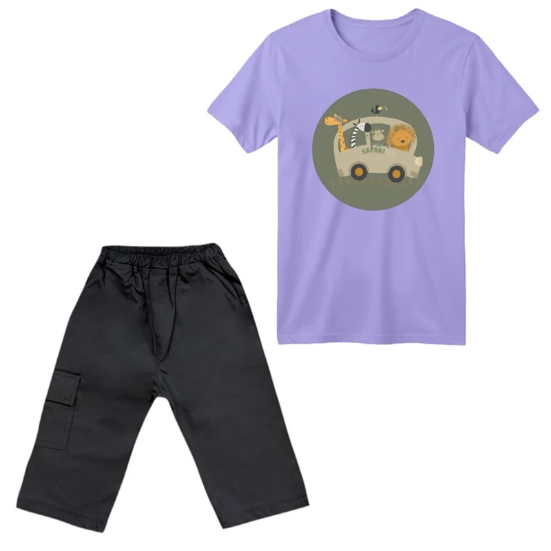 ست تی‌شرت آستین کوتاه و شلوارک پسرانه مدل ماشین حیوانات رنگ یاسی