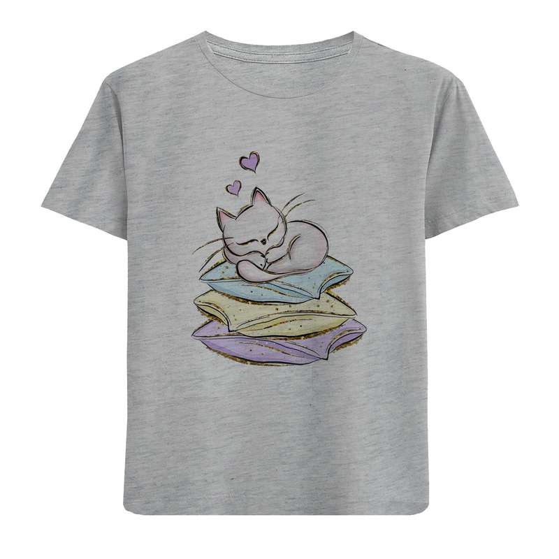 تی شرت آستین کوتاه دخترانه مدل گربه خوابالو D409