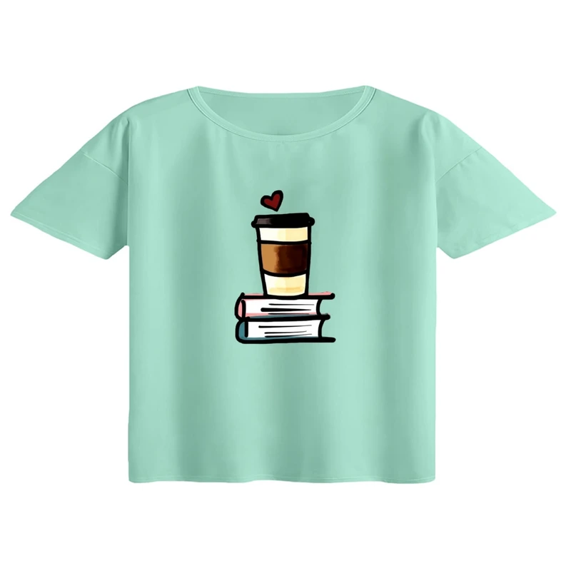 کراپ تی‌شرت آستین کوتاه زنانه مدل کتاب و کافی