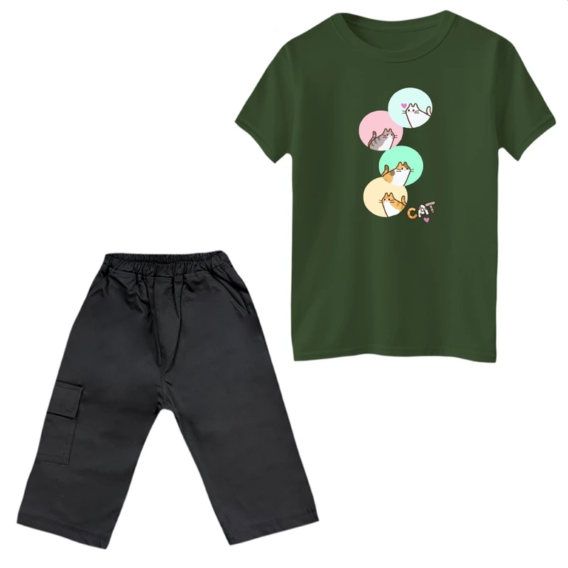 ست تی‌شرت آستین کوتاه و شلوارک دخترانه مدل گربه ها    رنگ یشمی