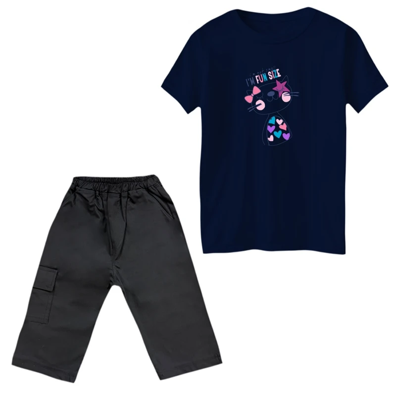 ست تی‌شرت و شلوارک دخترانه مدل گربه ملوس رنگ سرمه ای