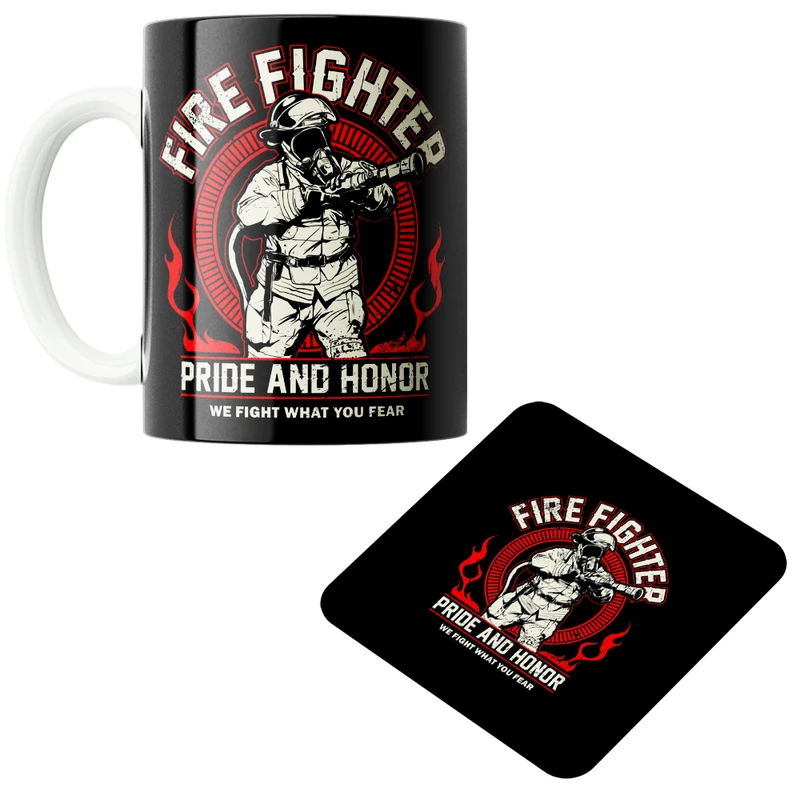 ماگ پاد آفرین مدل آتش نشان روز آتشنشانی و ایمنی کد PZ486 به همراه زیرلیوانی