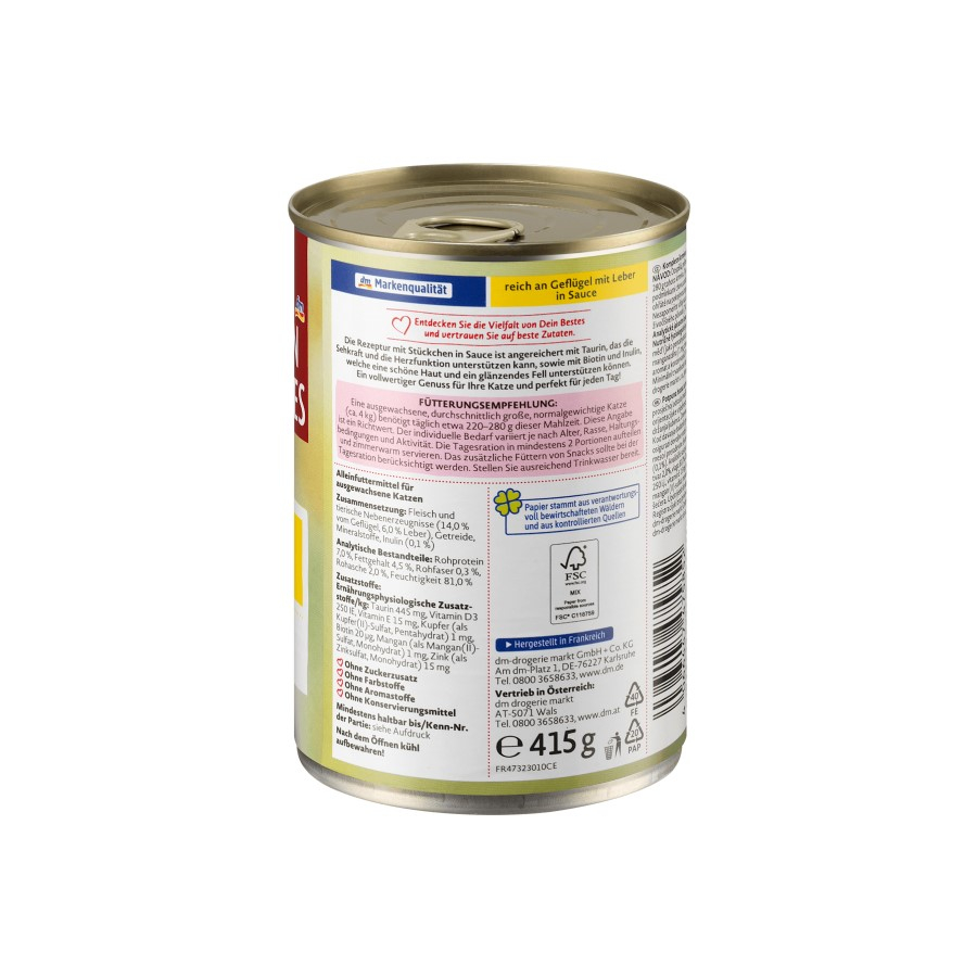 کنسرو غذای گربه بالغ دین بستس مدل Geflügel طعم گوشت مرغ و جگر در سس وزن 415 گرم