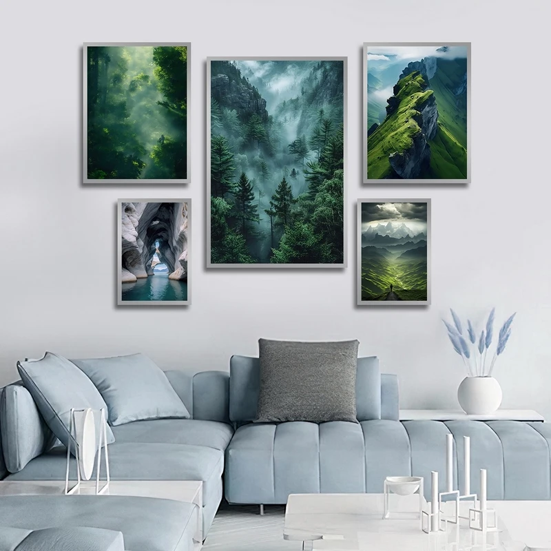 تابلو ساده بکلیت طرح طبیعت و جنگل مدل شاین اکلیلی SI-2786 فریم نقره ای مجموعه 5 عددی
