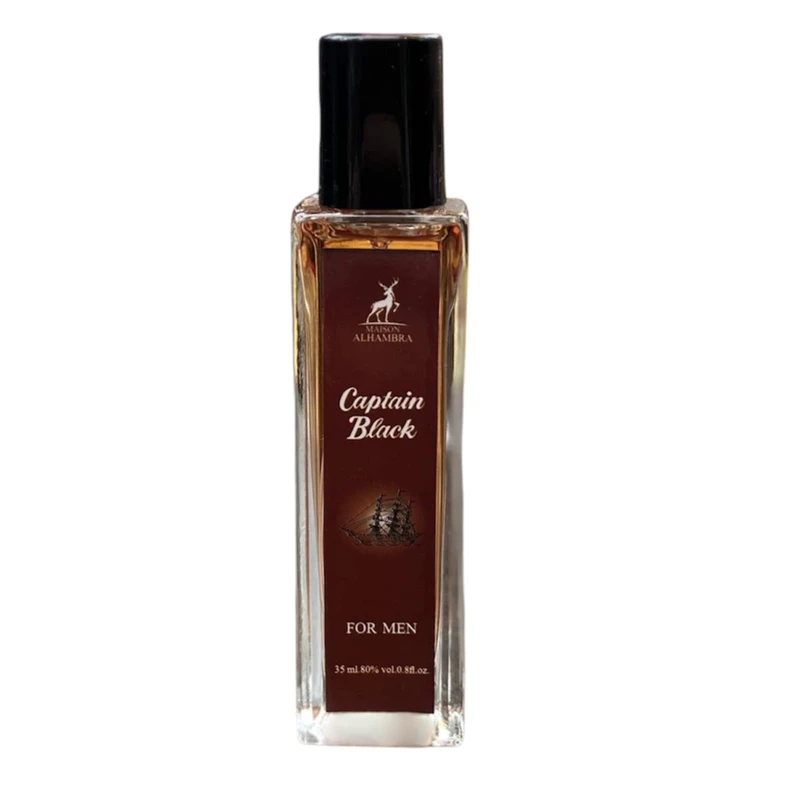 عطر جیبی مردانه الحمبرا مدل Capitan Black با رایحه گرم، تند، تلخ، چوبی حجم ۳۵ میلی‌لیتر