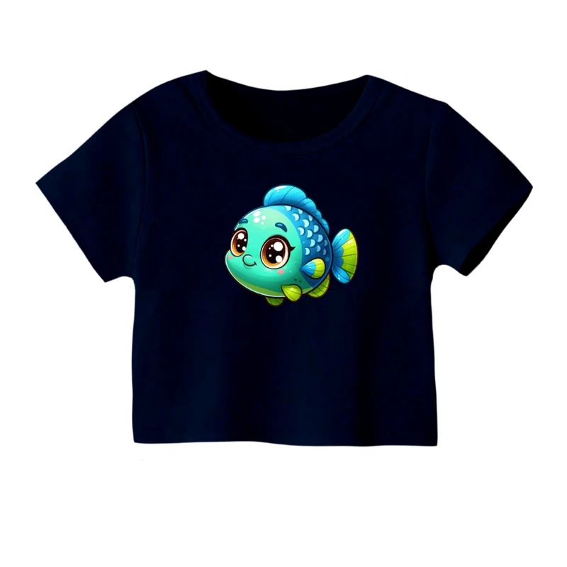 کراپ‌ تی‌شرت آستین کوتاه زنانه مدل ماهی کارتونی کد 01
