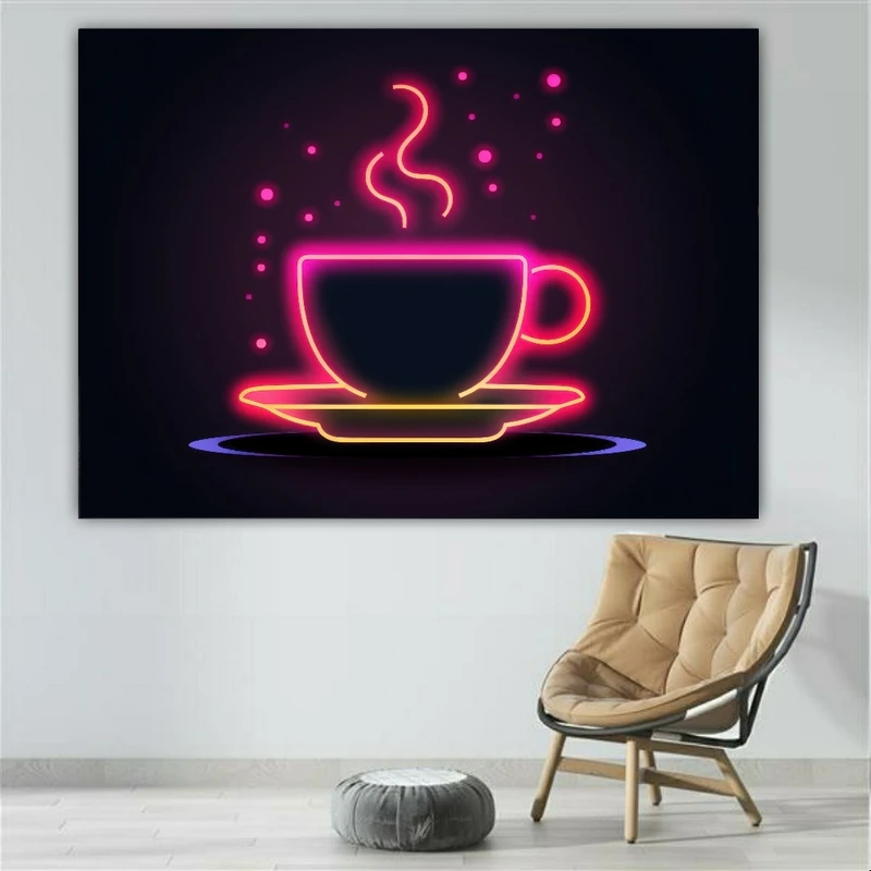 پوستر پارچه ای طرح مخمل نئون مدل فنجان قهوه کد FP104643