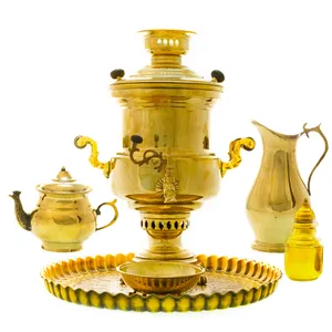 سرویس سماور ذغالی 6 پارچه برنجی مدل استوانه ای کد 4194