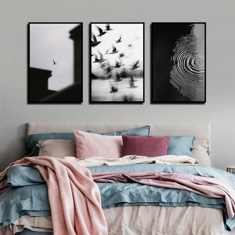 تابلو بکلیت طرح دریا و پرندگان مدل B-4034 فریم مشکی مجموعه 3 عددی