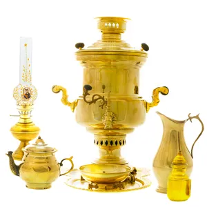 سرویس سماور ذغالی 7 پارچه برنجی مدل استوانه ای کد 4187
