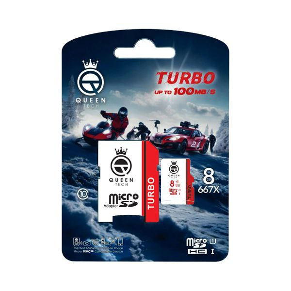 کارت حافظه MicroSDHC کوئین تک مدل TURBO-667X کلاس 10 استاندارد U1 سرعت 100MB/S ظرفیت 8 گیگابایت به همراه آداپتور SD