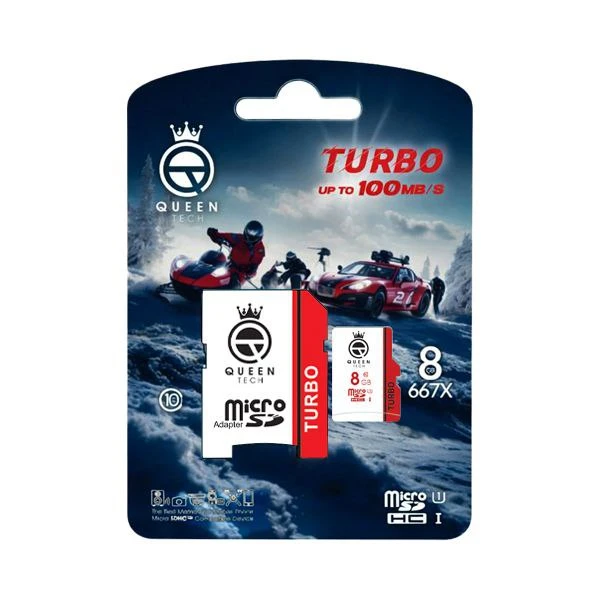 کارت حافظه MicroSDHC کوئین تک مدل TURBO-667X کلاس 10 استاندارد U1 سرعت 100MB/S ظرفیت 8 گیگابایت به همراه آداپتور SD