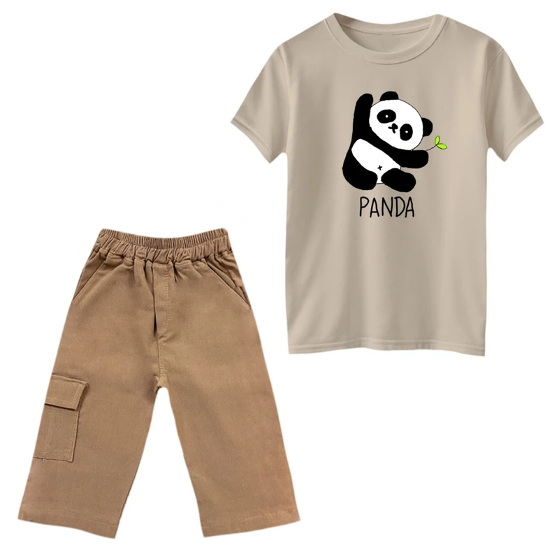 ست تی‌شرت و شلوارک پسرانه مدل پاندا و برگ رنگ کرم