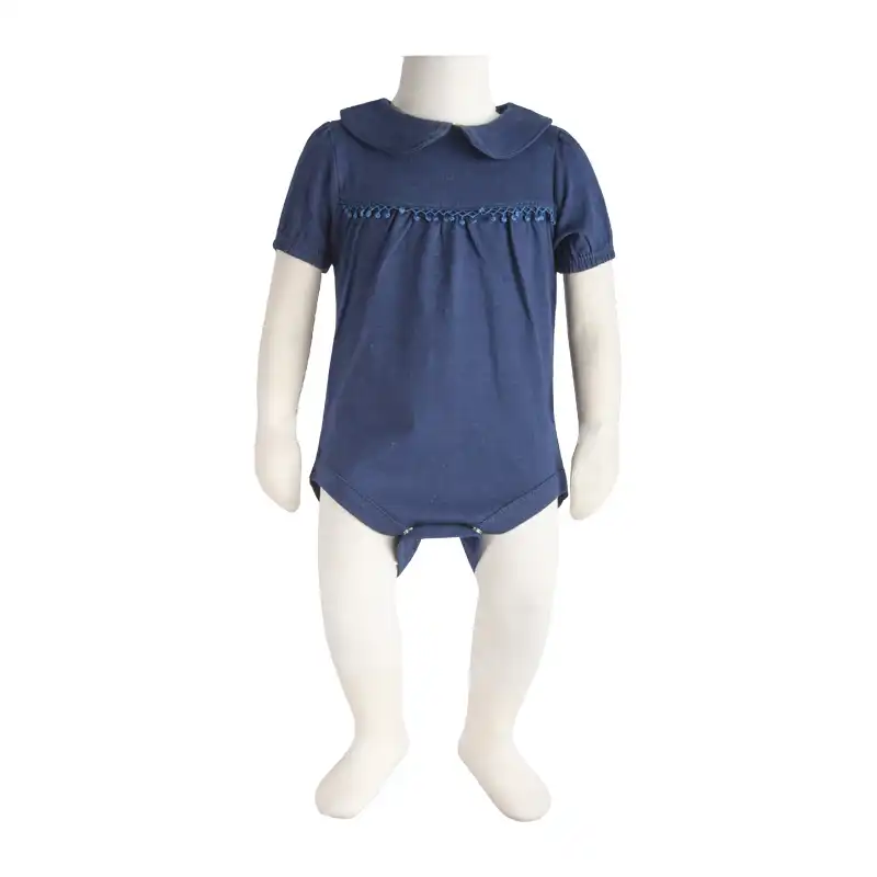 بادی آستین کوتاه نوزادی آدمک مدل یقه ب ب  گیپور دار کد 171201 رنگ سرمه ای