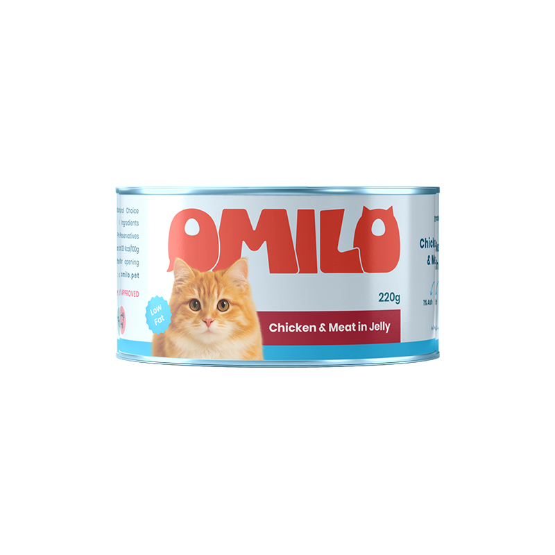 کنسرو غذای گربه اومیلو مدل نچرال در ژله طعم مرغ، گوشت گاو وزن ۲۲۰ گرم