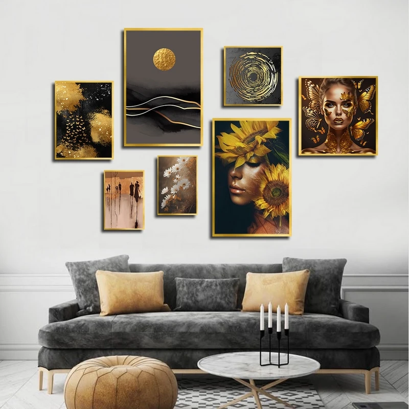 تابلو ساده بکلیت طرح گل آفتابگردان و پروانه مدل شاین اکلیلی T-2523 فریم طلایی مجموعه 7 عددی