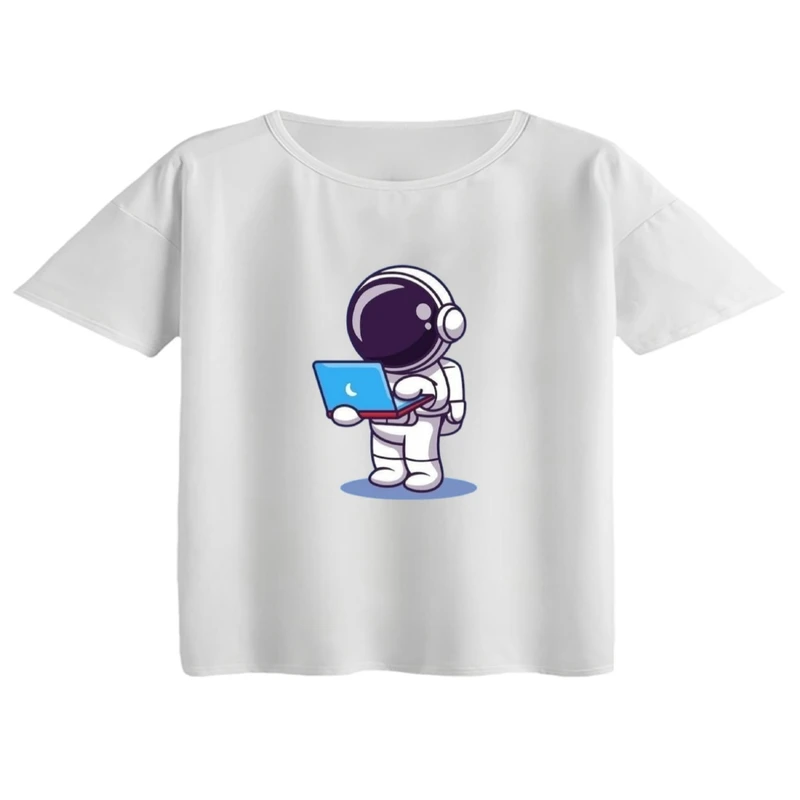 کراپ تی‌شرت آستین کوتاه زنانه مدل فضانورد و لپ تاپ