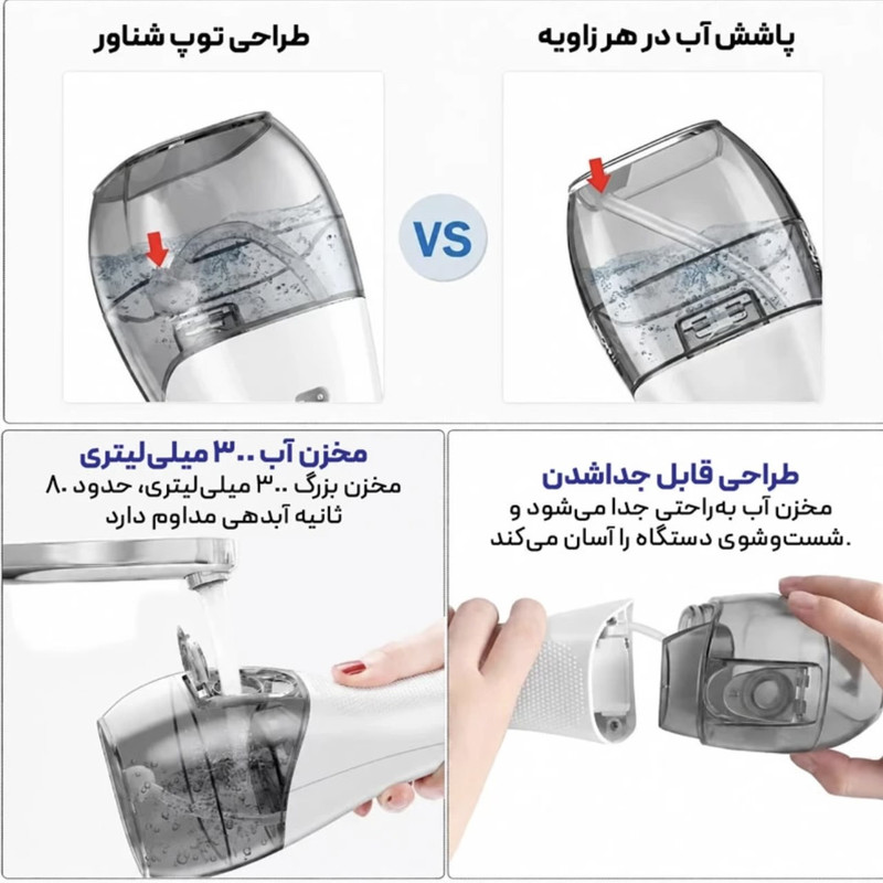 دستگاه شست و شوی دهان و دندان اچ تو اوفلس مدل HF-6 به همراه ۱۴ سری یدک ابعاد بسته بندی 90x110x250 میلی‌متر ظرفیت مخزن 0.3 لیتر