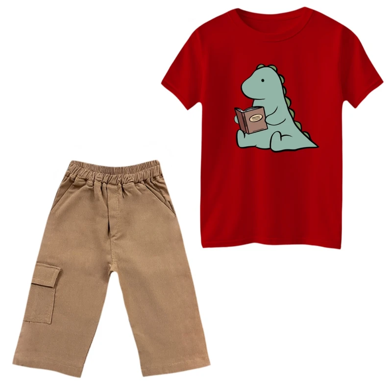 ست تی‌شرت و شلوارک پسرانه مدل دایناسور و کتاب