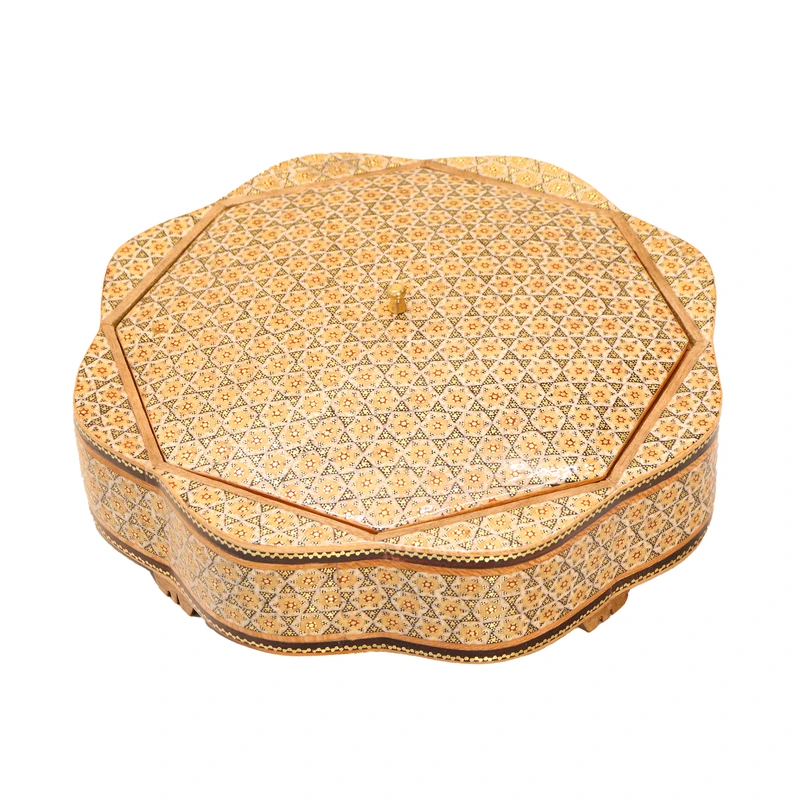 شکلات خوری خاتم کاری چوبی صنایع دستی فاخر مدل تک درب چهار خانه ممتاز طرح گلی کد MQGold1d4in27