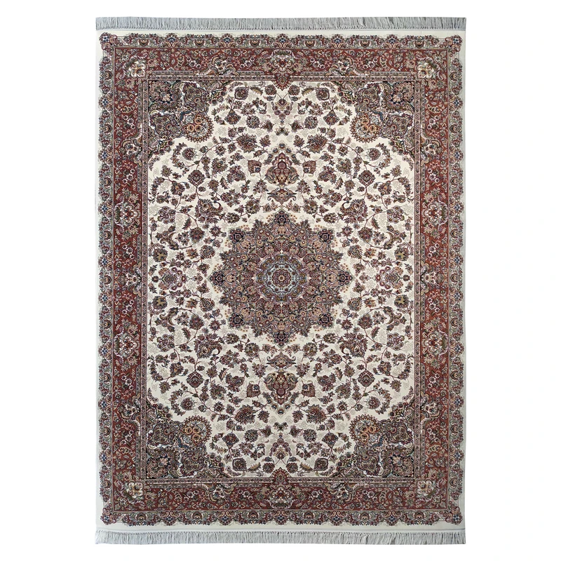 فرش ماشینی 700 شانه فرش مشهد زمینه کرم حاشیه گلبهی مدل 702033