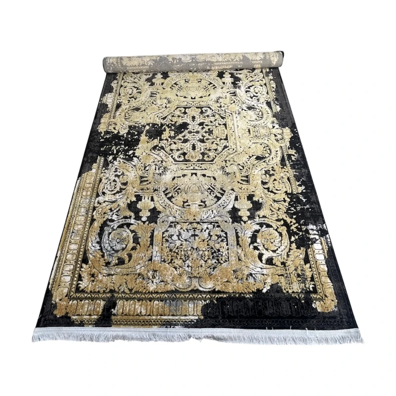 فرش ماشینی 500 شانه زمینه طلایی حاشیه مشکی مدل فرانسوی