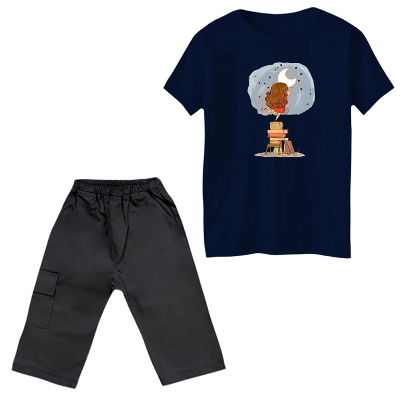 ست تی‌شرت آستین کوتاه و شلوارک دخترانه مدل دخترک و شب رنگ سورمه ای