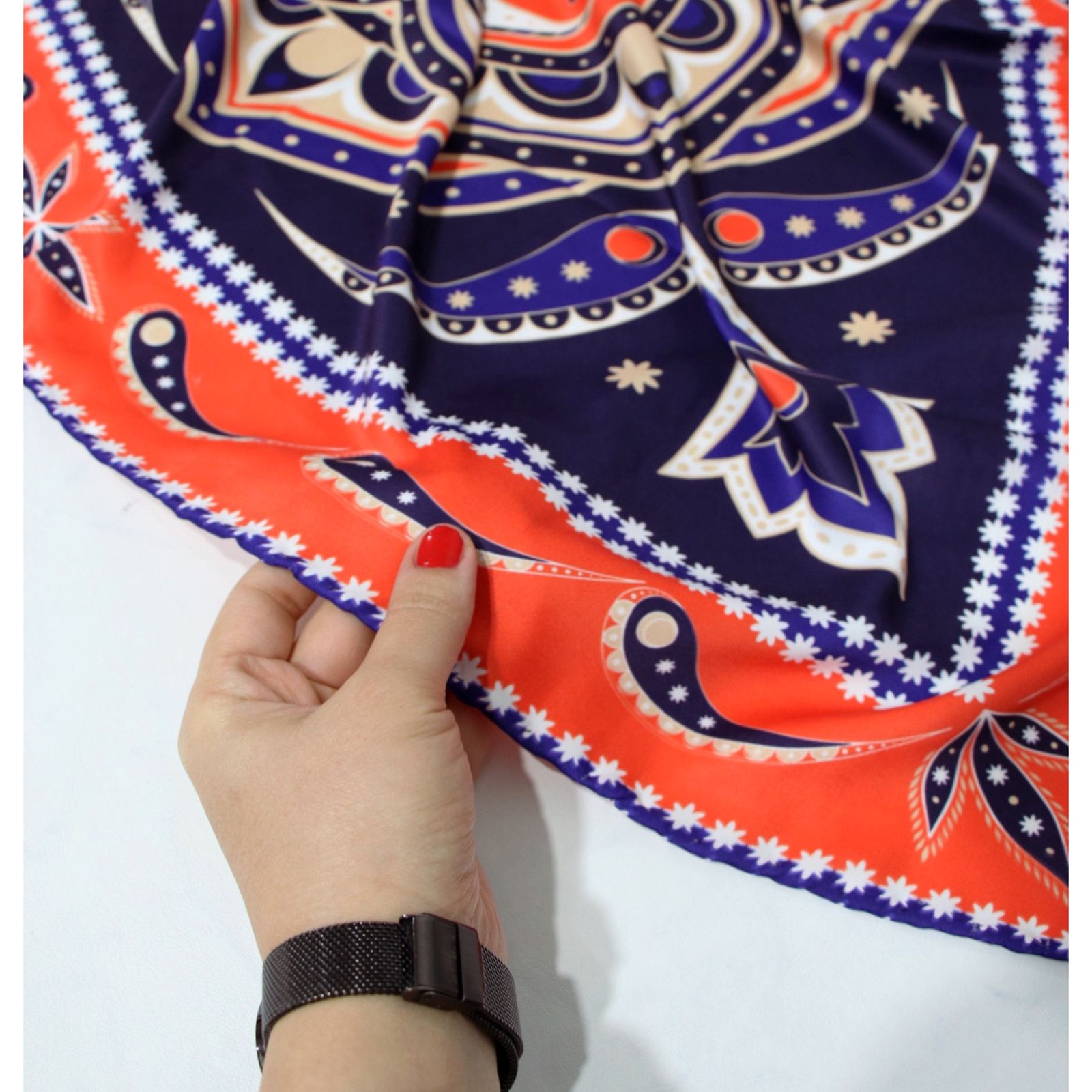 روسری زنانه مدل ابریشم توییل قواره 90 طرح بته جقه کد ana-2931 -  - 16