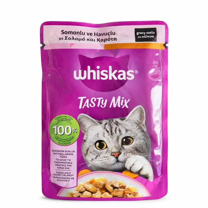 پوچ گربه بالغ ویسکاس مدل Tasty Mix طعم سالمون و هویج وزن 85 گرم