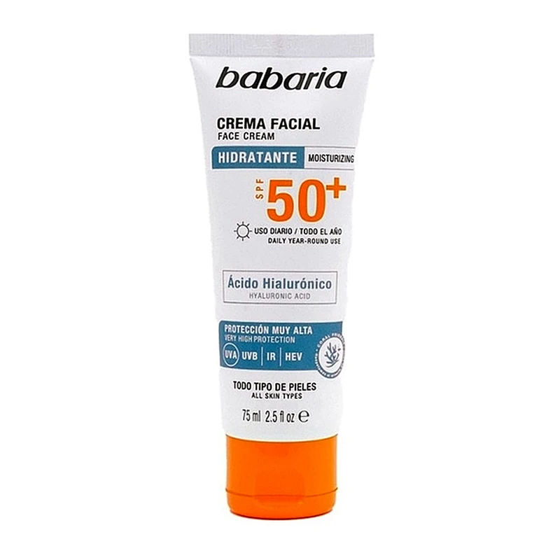کرم ضد آفتاب بی‌رنگ باباریا SPF 50 مدل  Hydratante  ‌محافظ UVB و UVA مناسب برای پوست خشک و حساس حجم 75 میلی‌لیتر
