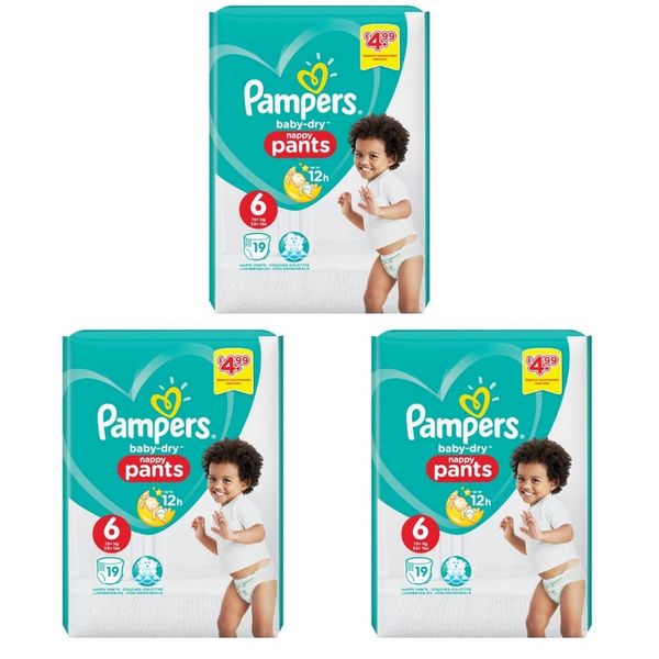 پوشک پمپرز سایز 6 مدل شورتی بسته 19 عددی مجموعه 3 عددی