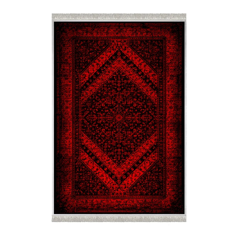 فرش ماشینی 1000 شانه هانوکس زمینه قرمز لاکی حاشیه چند رنگ مدل HAL.001.1