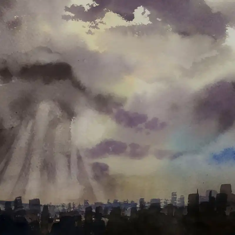 نقاشی آبرنگ طرح غروب تهران کد 127