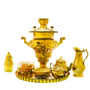 سرویس سماور ذغالی 13 پارچه برنجی مدل میخی ترک دار کد 4448