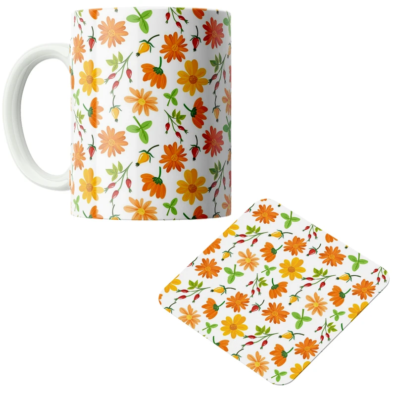 ماگ پاد آفرین مدل گل ها کد DKC477 به همراه زیر لیوانی