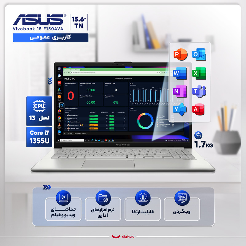 خرید و قیمت لپتاپ ایسوس مدل Vivobook 15 F1504VA-NJ824 با پردازنده Core i7-1355U، رم DDR4 40GB با فرکانس 3200MHz، حافظه SSD با ظرفیت 2TB، دارای نور پسزمینه کیبورد، حسگر اثر انگشت سیستمعامل Windows 11، کاستوم شده
