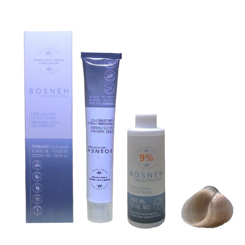 رنگ مو بوسنه مدل FREE AMMONIA شماره 90.02 حجم 100 میلی لیتر رنگ کریستالی به همراه اکسیدان بوسنه مدل 30vol نه درصدی حجم 150 میلی لیتر